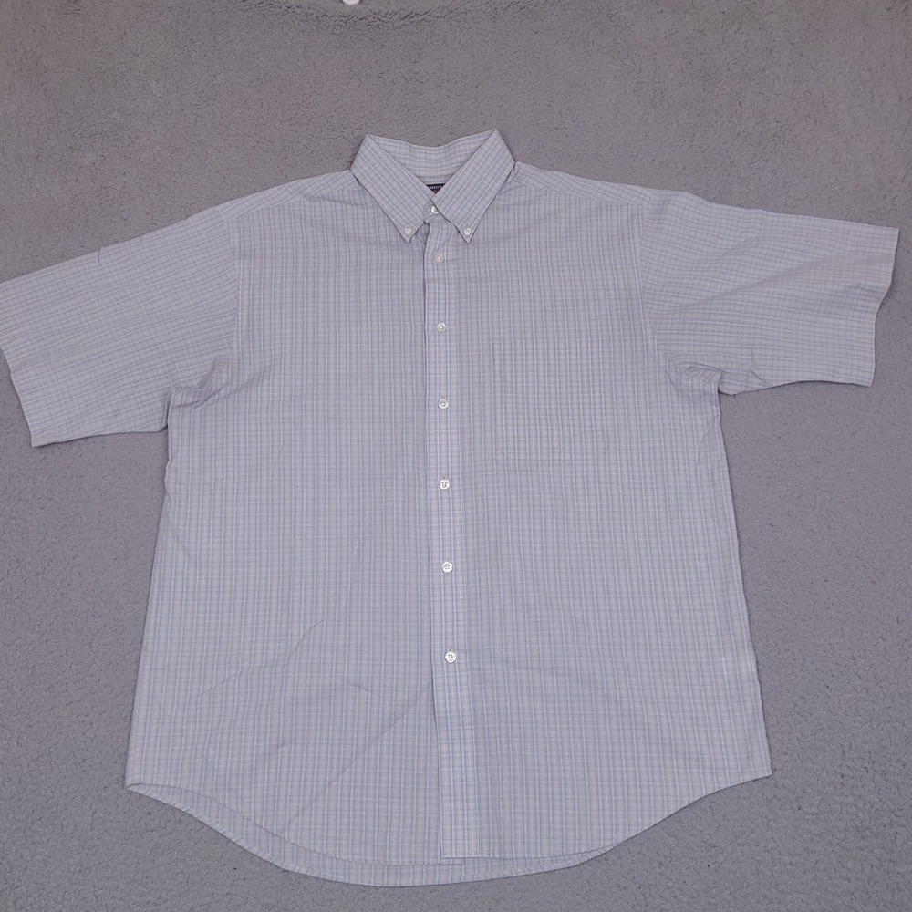 Roundtree & Yorke Classics Shirt Mens Large Blue Brown Plaid Short Sleeve Button
